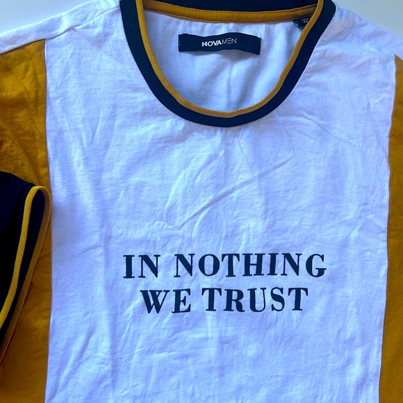 NOVA MEN Short Sleeve White, Black, Gold Color Block Top- In Nothing We Trust - Picture 2 of 4
